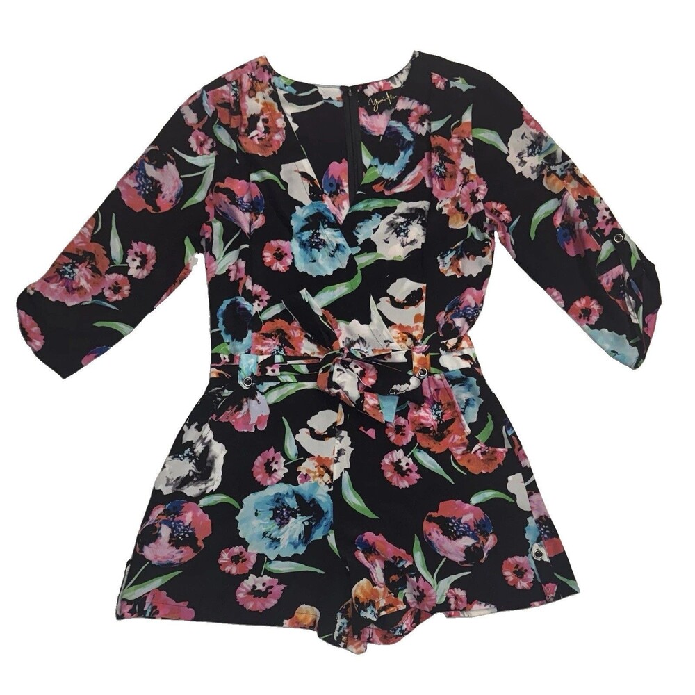 Yumi Kim Floral Print Leah Shorts 3/4 Sleeve Romper Black Multicolor Medium